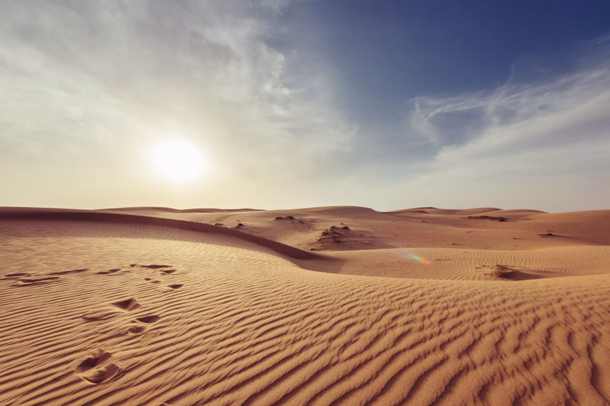 Traveller looking out across a desert landscape at golden hour